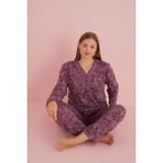 Temporium Kadın Büyük Beden Desenli Yakası Düğmeli Uzun Kollu Bambu Pijama Takımı - Mürdüm - 5XL
