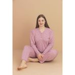 Temporium Kadın Büyük Beden Desenli Yakası Düğmeli Uzun Kollu Bambu Pijama Takımı - Pembe-001 - 3XL