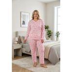 Temporium Kadın Büyük Beden Desenli Yakası Düğmeli Uzun Kollu Bambu Pijama Takımı - Pembe-001 - 4XL