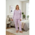Temporium Kadın Büyük Beden Desenli Yakası Düğmeli Uzun Kollu Bambu Pijama Takımı - Pembe-001 - 5XL