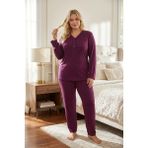 Temporium Kadın Büyük Beden Yakası Dantelli Uzun Kollu Bambu Pijama Takımı - 5XL - Mürdüm