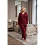 Temporium Kadın Büyük Beden Yakası Dantelli Uzun Kollu Bambu Pijama Takımı - Bordo - 4XL