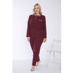 Temporium Kadın Kışlık Bordo Büyük Beden Yakası Düğmeli Uzun Kollu İnterlok Pijama Takımı