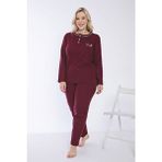 Temporium Kadın Kışlık Büyük Beden Yakası Düğmeli Uzun Kollu Interlok Pijama Takımı - Bordo - 4XL