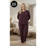 Temporium Kadın Kışlık Mürdüm Büyük Beden Yakası Düğmeli Uzun Kollu İnterlok Pijama Takımı