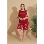 Temporium Kadın Milan Kumaş Büyük Beden Curve Baskılı Desenli Şortlu Pijama Takımı - Kırmızı - 5XL