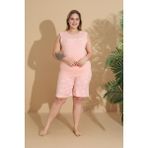 Temporium Kadın Milan Kumaş Büyük Beden Curve Baskılı Desenli Şortlu Pijama Takımı - Pembe-01 - 5XL