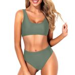 Tempt Me Kadın İki Parça Açık Yuvarlak Yaka Bikini Göbeği Açık Üst Yüksek Kesim Mayo Spor Yüksek Belli Alt Mayo, Zeytin Yeşili, XL