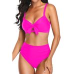 Tempt Me Kadın İki Parça Mayo Yüksek Belli Bikini Seti Karın Kontrolü Dantelli Kravat Düğüm Mayo Altlı, Sıcak Pembe, L