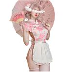 Temptshow Kadın cosplay japon çin hizmetçi cheongsam iç çamaşırı seksi baskılı çiçek önlük pijama, Pembe, Tek Beden