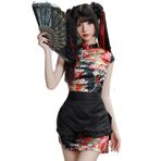 Temptshow Kadın cosplay japon çin hizmetçi cheongsam iç çamaşırı seksi baskılı çiçek önlük pijama, Siyah, Tek Beden