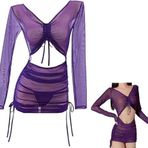 Tender Whisper Kadın Babydoll Gecelik Kalça Wrap Elbise Mini Elbiseler Uzun Kollu Seksi Örgü İç Çamaşırı Sleepshirts, Mor, S-L