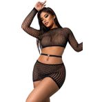Tender Whisper Kadın Seksi Delikli File 3 adet File Uzun Kollu Üst+Düşük katlı etek+Aşk Kemeri Sıcak Gecelik, Siyah, One Size(XS-XXL)