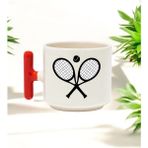 Tenis Raketi Tasarımlı Kırmızı T Kulplu Seramik Baskılı Kupa Bardak 250 ml - Beyaz - Krem