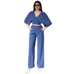 Tensel Kumaş Kruvaze Yaka Yandan Bağlamalı Crop Bluz ve Bol Paça Pantolon Takım (Lacivert, L)