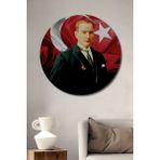 Teona Ahşap Ahşap Atatürk ve Türk Bayrağı - Dijital Tablo - Solmayan Canlı Renkler Yuvarlak Duvar Tablo - 30 x 30 - Yeşil