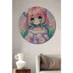 Teona Ahşap Anime Kawaii Kedi Kız İllüstrasyon Dekoratif Ahşap Mdf Yuvarlak Ev,İşyeri Duvar Tablo