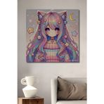 Teona Ahşap Kedi Kulaklı Anime Kız Pastel Tonlarda Dekoratif Ahşap Dikdörtgen Ev,İşyeri Duvar Tablo
