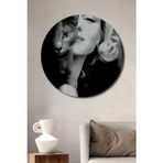 Teona Ahşap Marilyn Monroe Ve Kedi Siyah Beyaz Ahşap Mdf Dekoratif Yuvarlak Ev,İşyeri Duvar Tablo