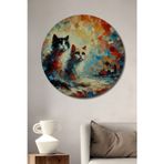 Teona Ahşap Renkli Kedi Çifti Modern Sanat Ahşap Mdf Yuvarlak Ev,İşyeri Duvar Tablo