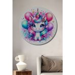 Teona Ahşap Sevimli Unicorn Yağlı Boya Görünümlü Dekoratif Ahşap Yuvarlak Ev,İşyeri Duvar Tablo