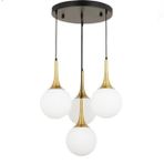 Tepsili Dörtlü Eskitme Gold Detaylı Avize, Beyaz 40 Cm