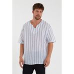 Terapi Men Erkek Açık V Yaka Oversize Kısa Kollu Çizgili Gömlek 22Y-4300634-1 - Beyaz