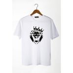 Terapi Men Erkek Beyaz Aslan Baskılı Bisiklet Yaka Oversize Rahat Kalıp Basic T-Shirt 22Y-3400761-2