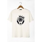 Terapi Men Erkek Ekru Aslan Baskılı Bisiklet Yaka Oversize Rahat Kalıp Basic T-Shirt 22Y-3400761-2