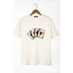 Terapi Men Erkek Ekru Iskambil Kağıdı Baskılı Bisiklet Yaka Oversize T-Shirt 22Y-3400762-2
