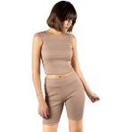 Terapi Men Kadın Bej Fitted/vücuda Oturan Crop Halter Yaka Fitilli Esnek Örme Bluz Atlet 23K-TRP-CRP06