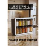 Tercih Home Kendinden Yapışkanlı Kaşıklı KapaklıStandlı Etiketli 12 Li Baharatlık Seti Takımı Saklama Kabı Baharatlık