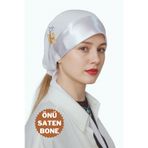 Tergek Önü Saten Dikişsiz Bağcıklı Şık Bone Beyaz, Tesettür Başörtü Eşarp Şal Türban Bonesi