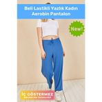 Terletmez Rahat Kalıp Beli Lastikli Bol Paça Salaş Yazlık Kadın Mavi Aerobin Pantolon