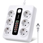 Termal Akım Korumalı 3000W 10 Amper 6 Lı Priz 2 Metre Uzatma Kablosu Çoklu Priz 5 USB 1 Type C Pd Girişli Hızlı Şarj Istasyonu