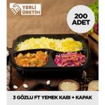 Termoform 3 Gözlü Yemek Kabı + Kapak - 200 Adet (Mikro Dalga'da Kullanılabilir)
