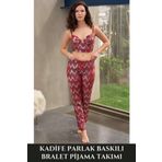 Terrien Premium Seri Kadın Kadife Destekli Parlak Baskılı Fermuar Detaylı Büstiyer Pantolon Pijama Takımı