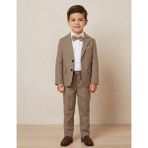 Terry Erkek Çocuk Flamlı Keten Takım Elbise (Ceket, Gömlek, Papyon ve Ipli Pantolon) - Kahverengi - 8 Yaş