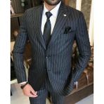Terzi Adem Altun Antrasit İtalyan Stil Çizgili Takım Elbise Erkek Slim Fit Ceket Yelek Pantolon T9929 - 46