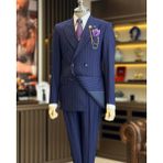 Terzi Adem Altun İtalyan stil kruvaze çizgili ceket pantolon takım elbise lacivert T12903 - 48