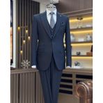 Terzi Adem Altun İtalyan stil slim fit armür desenli ceket yelek pantolon takım elbise lacivert T11489 - 46