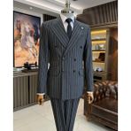 Terzi Adem Altun İtalyan stil slim fit çizgili kruvaze ceket pantolon takım elbise antrasit T11934 - 46