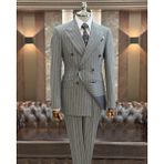 Terzi Adem Altun İtalyan stil slim fit çizgili kruvaze ceket pantolon takım elbise gri T11940 - 48
