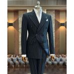 Terzi Adem Altun Italyan Stil Slim Fit Çizgili Kruvaze Ceket Pantolon Takım Elbise Siyah T11933 - 48