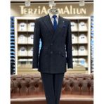 Terzi Adem Altun Italyan Stil Slim Fit Ekose Kruvaze Ceket Pantolon Takım Elbise Lacivert T11695 - 46
