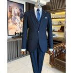Terzi Adem Altun Italyan Stil Slim Fit Erkek Armürlü Ceket Yelek Pantolon Takım Elbise Lacivert T11567 - 46