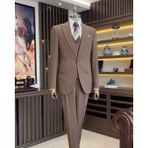 Terzi Adem Altun İtalyan stil slim fit erkek ceket yelek pantolon takım elbise kahverengi T11552 - 50