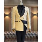 Terzi Adem Altun İtalyan stil slim fit şal yaka kruvaze ceket pantolon damatlık set bej T11797 - 44