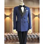 Terzi Adem Altun İtalyan stil slim fit şal yaka kruvaze ceket pantolon damatlık set lacivert T11796 - 46