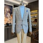 Terzi Adem Altun Klasik Kesim Regular Fit Mono Yaka Ekose Erkek Ceket Gri T11607 - 56